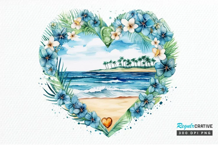 Heart Beach Watercolor Sublimation PNG Clipart