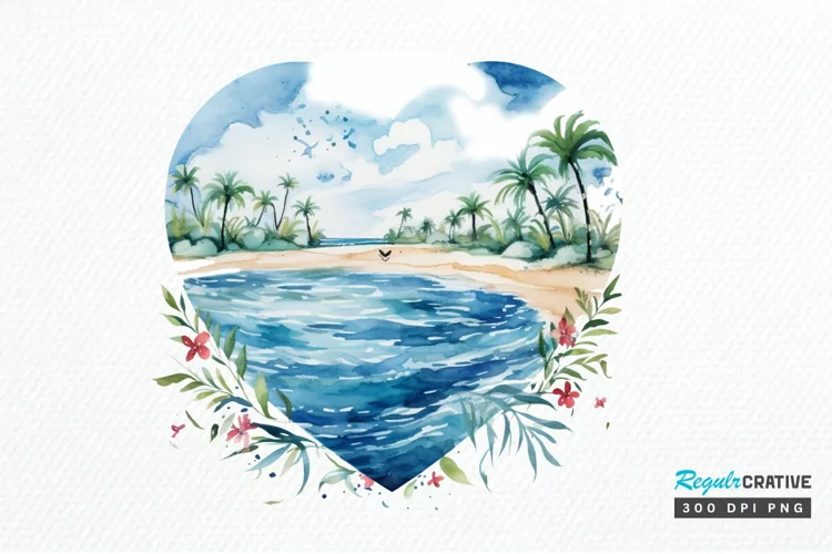 Heart Beach Watercolor Sublimation PNG Clipart
