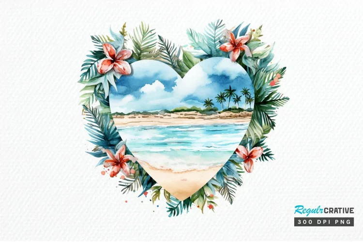 Heart Beach Watercolor Sublimation PNG Clipart