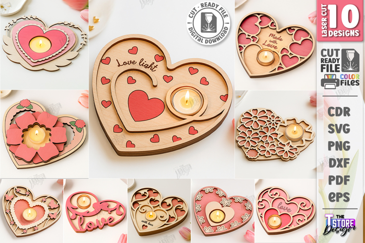 Heart Shaped Candle Holders Laser Cut Bundle|Valentine SVG