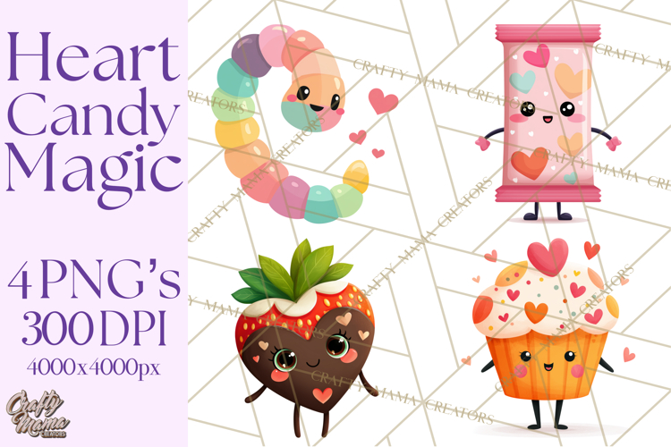 Valentine Kawaii Candies, Heart Sweets Clipart, Cute Candy