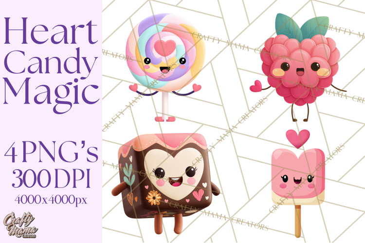 Valentine Kawaii Candies, Heart Sweets Clipart, Cute Candy