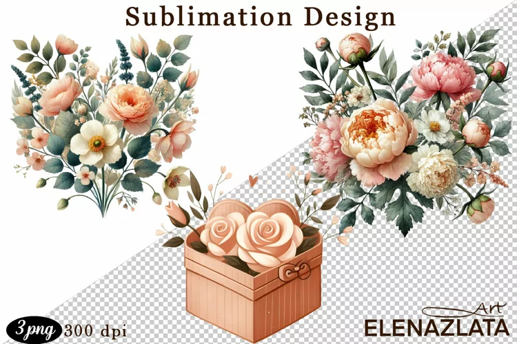 Heart, peonies flower watercolor clipart. Valentines Day