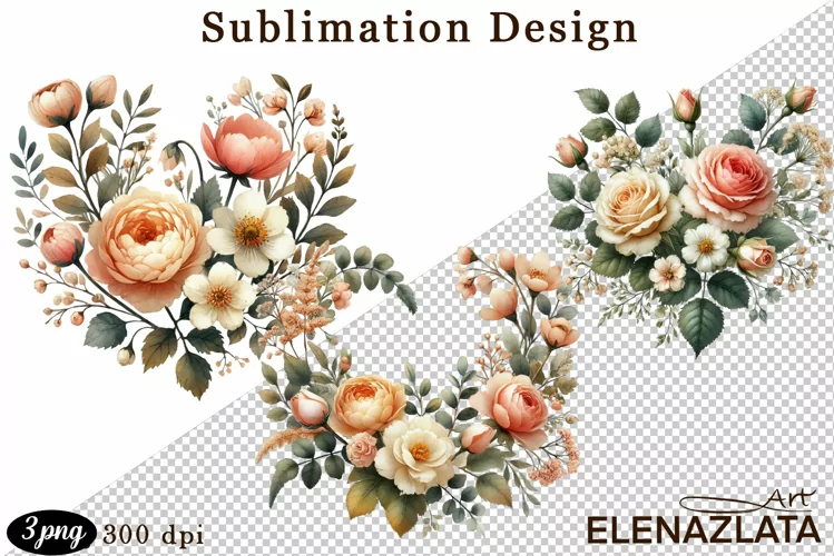 Heart, peonies flower watercolor clipart. Valentines Day