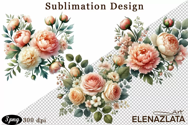 Heart, peonies flower watercolor clipart. Valentines Day
