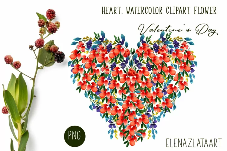 Heart, flower watercolor clipart. Valentines Day