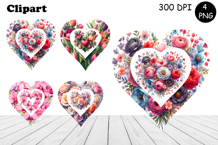 Heart, flowers watercolor clipart. Valentines Day