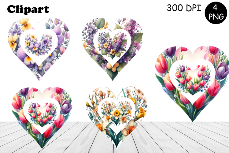 Heart, flowers watercolor clipart. Valentines Day