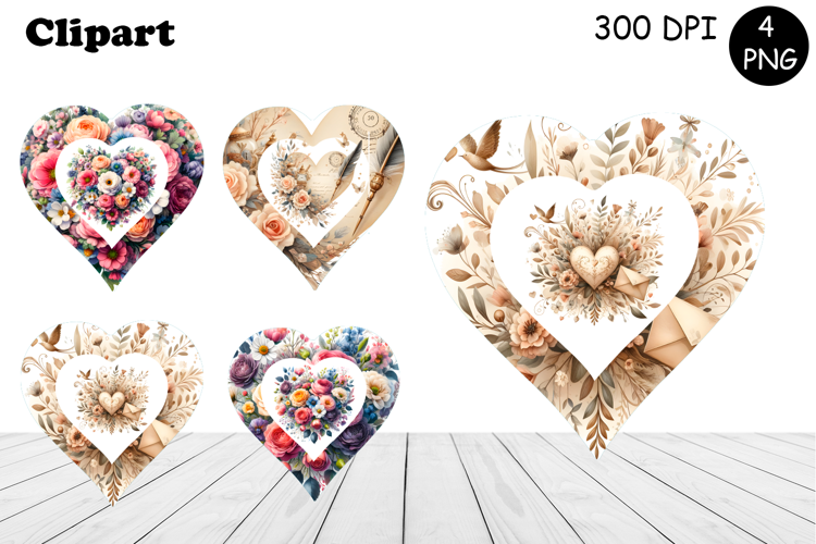 Heart, flowers watercolor clipart. Valentines Day