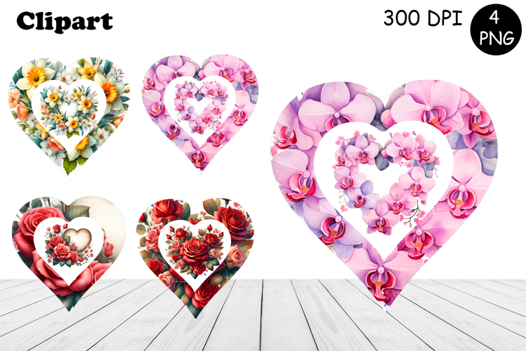 Heart, flowers watercolor clipart. Valentines Day