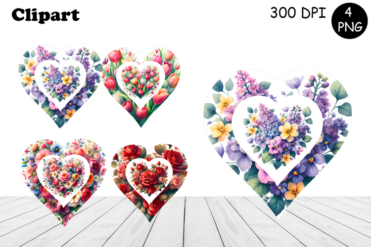 Heart, flowers watercolor clipart. Valentines Day