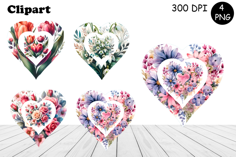 Heart, flowers watercolor clipart. Valentines Day