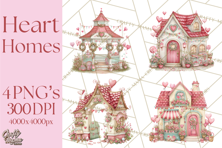 Heart Homes Valentine Clipart PNG, Whimsical Houses