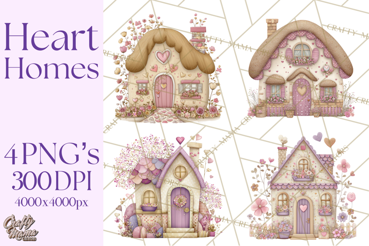 Heart Homes Valentine Clipart, Cozy Cottage PNG