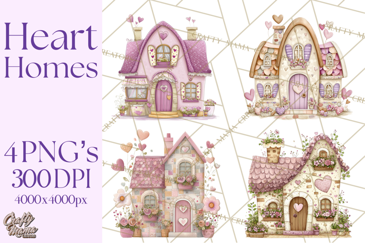 Heart Homes Valentine Clipart, Cozy Cottage PNG