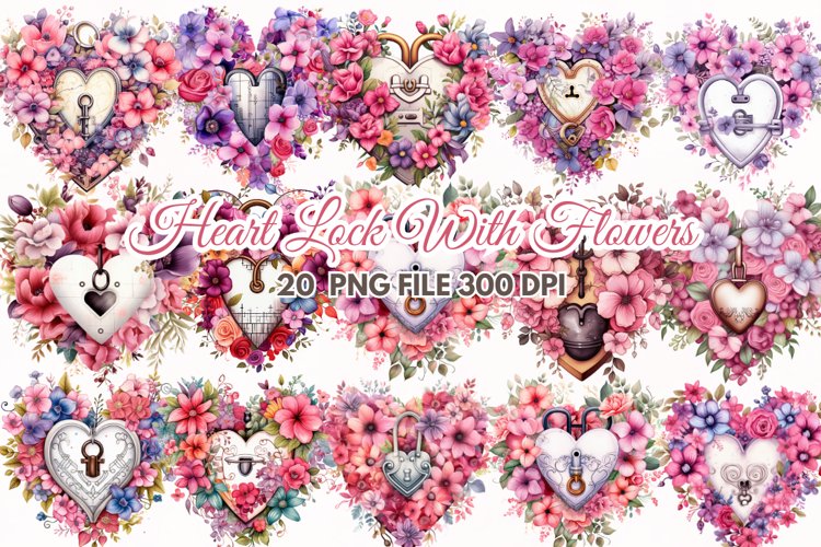Heart Lock with Flowers Watercolor Sublimation clipart