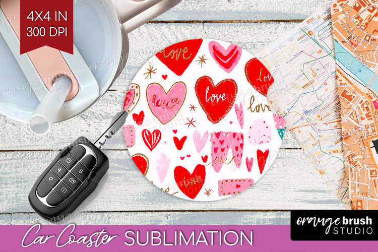 Hearts Car Coaster - Valentines Day Coaster PNG Sublimation