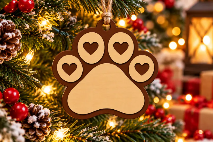 Paw Print Name Ornament SVG File, Christmas Laser Cut Design