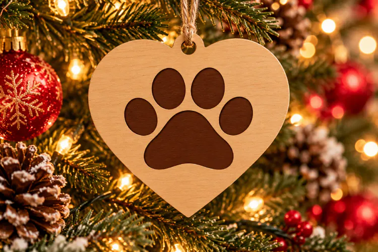 Heart Paw Ornament Laser Cut Wood File, Christmas SVG