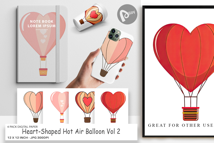 Digital Paper Heart Hot Air Balloon