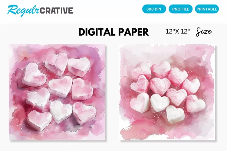 Watercolor Heart shaped Marshmallows Digital Paper