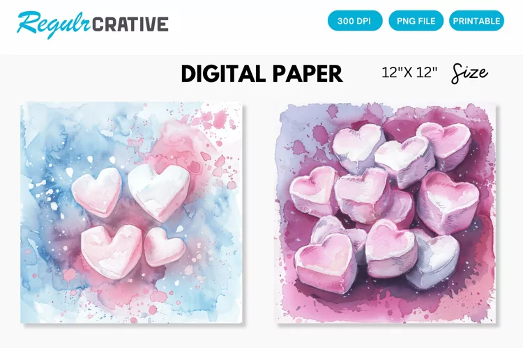Watercolor Heart shaped Marshmallows Digital Paper