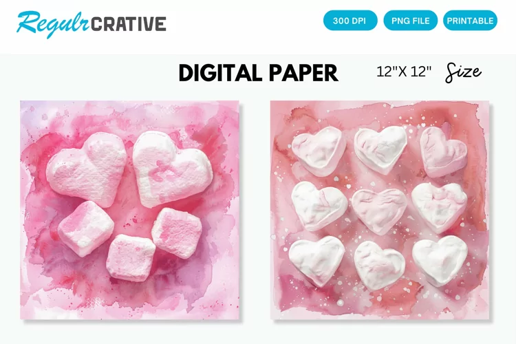 Watercolor Heart shaped Marshmallows Digital Paper