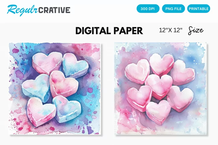 Watercolor Heart shaped Marshmallows Digital Paper