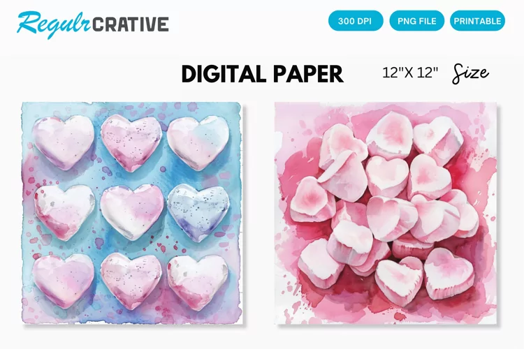 Watercolor Heart shaped Marshmallows Digital Paper