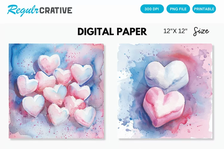 Watercolor Heart shaped Marshmallows Digital Paper