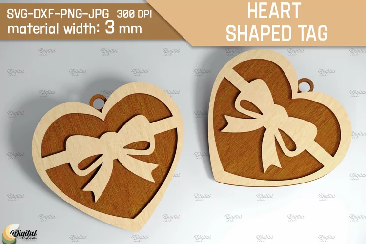 Heart Shaped Tag SVG. Valentine Ornament Laser Cut. Bow SVG
