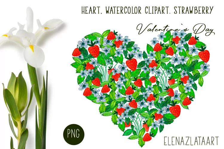 Heart, flower watercolor clipart. Valentines Day