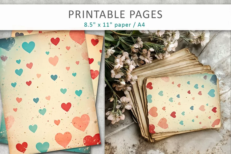 Old paper heart printables, junk journal pages