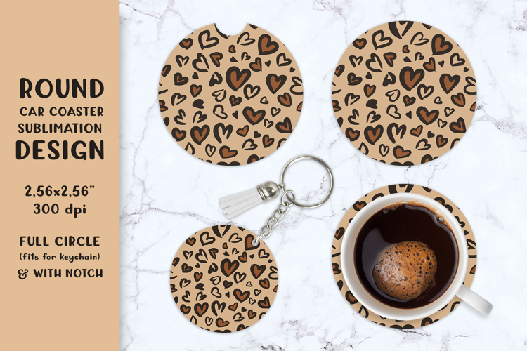 Heart leopard car coaster sublimation. Round coaster 010