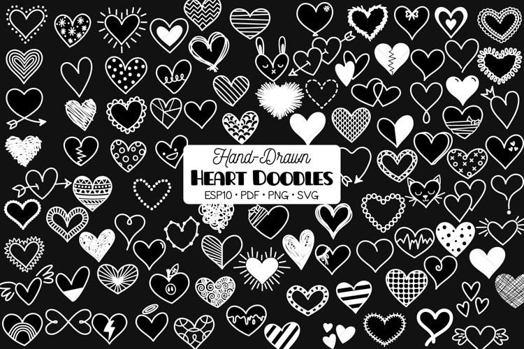 Hearts White Doodle, Valentine Love Icon, Hand Drawn Outline