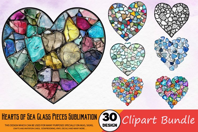 Hearts of Sea Glass Pieces Sublimation Clipart Bundle example image 1