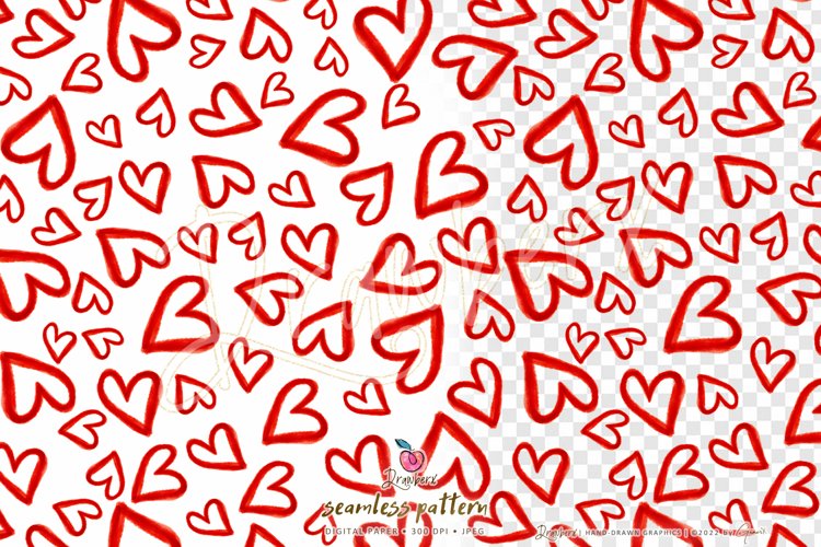 Doodle Hearts Seamless Pattern / red watercolor hearts 030