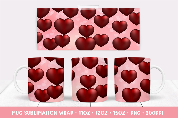 Red Hearts Mug Sublimation Design. Valentines Mug Wrap 033