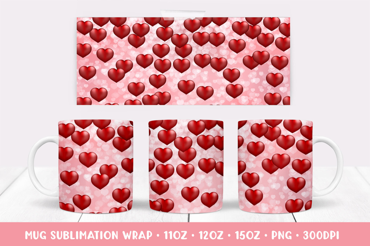 Red Hearts Mug Sublimation Design. Valentines Mug Wrap 035