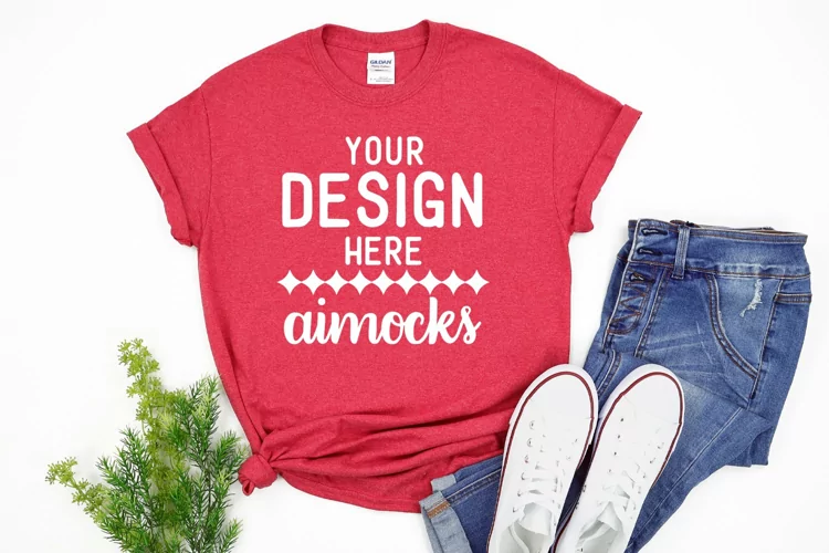 Heather Red Gildan T-shirt Mockup, Unisex Styled Flat Lay