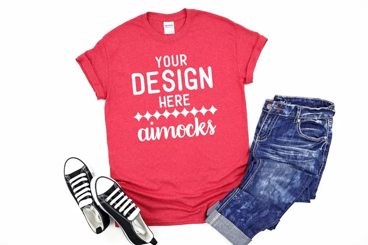 Gildan Heather Red T-shirt Mockup, Styled Flat Lay Red Tee