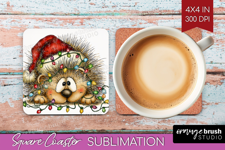 Hedgehog Tangled In Christmas Lights Square Coaster Funny