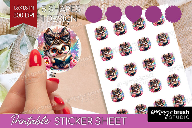 Hedgehog Reading Round Sticker Book Lover Printable Sticker example image 1