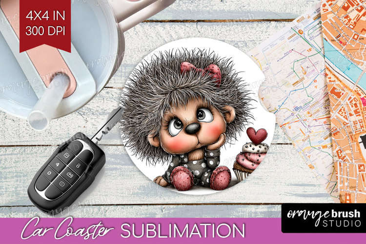 Hedgehog Valentine Car Coaster Whimsical Animal Coaster PNG
