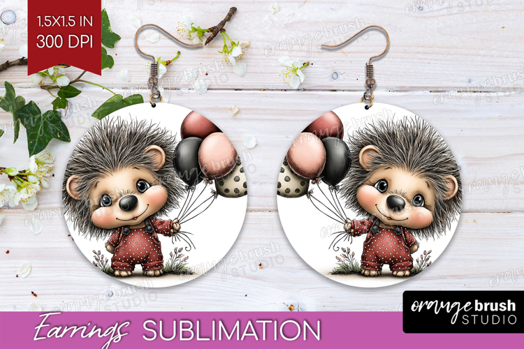 Hedgehog Valentine Round Earrings Whimsical Animal PNG