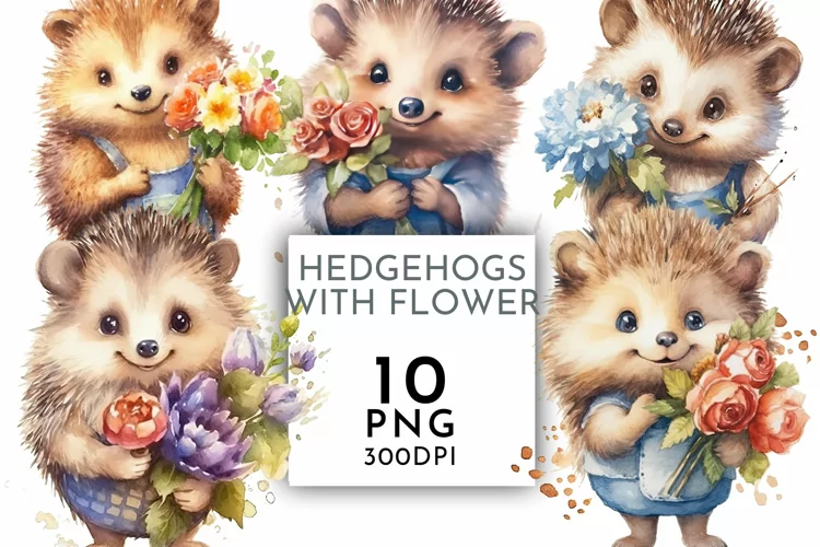 Cute Hedgehog with Flower | Watercolor Clipart PNG