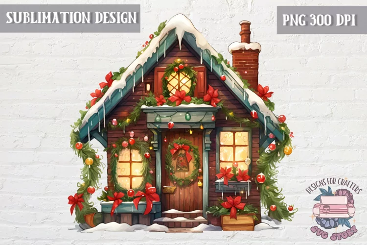 Christmas house cute Decorated Tree Sublimation Design