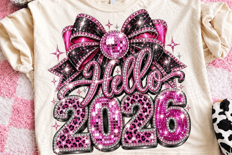Hello 2026 Pink Rhinestone Coquette Bow & Leopard New Year P example image 1