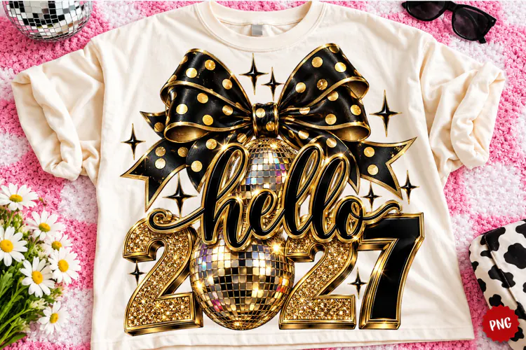 Hello 2027 PNG | Black & Gold Disco Ball Bow New Year Png