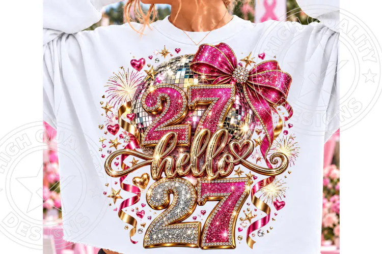 Hello 2027 Pink Rhinestone Disco Ball Bow PNG | Glam New Yea